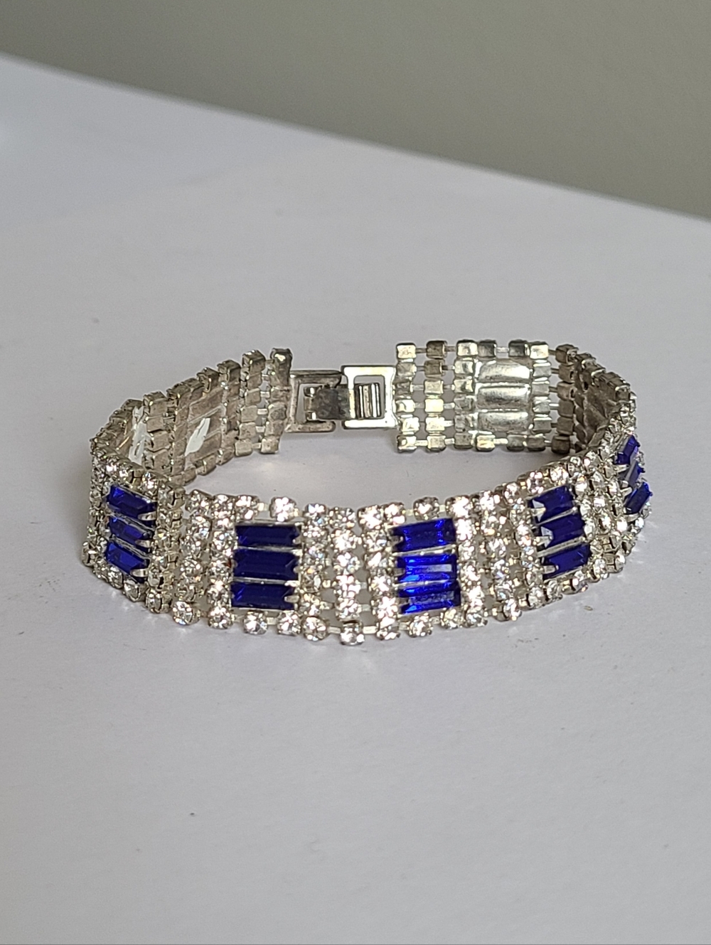 Vintage Wide Clear Royal Blue Baguette Rhinestone Evening Party Bracelet